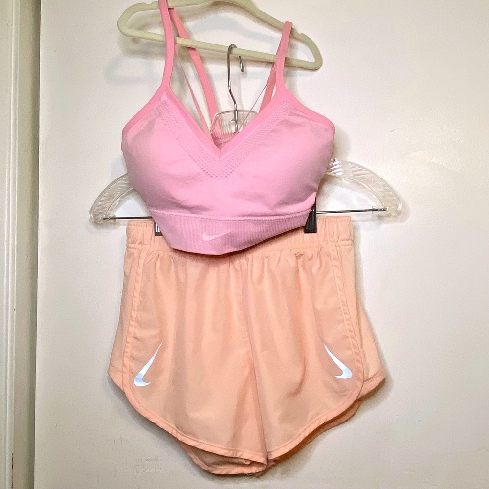 Nike Womens 2 Piece Activewear Set Pink Sports Bra and Peach Running Shorts